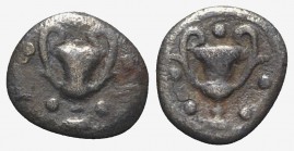 Southern Apulia, Tarentum, c. 280-228 BC. AR Obol (8mm, 0.66g, 1h). Kantharos; five pellets around. R/ Kantharos; five pellets around. Vlasto 1655-6; ...