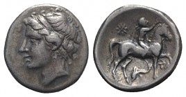 Southern Apulia, Tarentum, Campano-Tarentine series, c. 281-272 BC. AR Nomos (20mm, 7.10g, 5h). Diademed head of nymph l. R/ Youth on horseback r., cr...