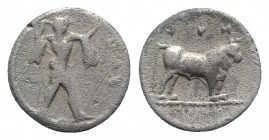 Northern Lucania, Poseidonia, c. 445-420 BC. AR Diobol (11mm, 1.10g, 12h). Poseidon walking r., wielding trident. R/ Bull standing r. HNItaly 1119; SN...