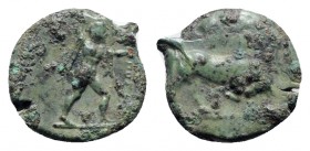 Northern Lucania, Poseidonia, 350-290 BC. Æ (13mm, 2.48g, 6h). Poseidon standing r., holding trident and wearing chlamys. R/ Bull butting r.; above, c...
