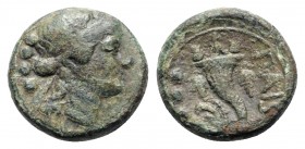 Northern Lucania, Paestum, 218-201 BC. Æ Triens (16mm, 5.53g, 12h). Female head r., wearing ivy wreath. R/ Cornucopia. Crawford, Paestum 6/1; HNItaly ...