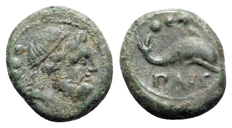 Northern Lucania, Paestum, 218-201 BC. Æ Quadrans (16mm, 4.04g, 9h). Diademed ma...