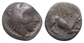 Southern Lucania, Herakleia, c. 432-420 BC. AR Diobol (10mm, 1.07g, 9h). Head of Herakles r., wearing lion skin. R/ Lion r. Van Keuren 25; HNItaly 135...