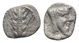 Southern Lucania, Metapontion, c. 440-430 BC. AR Diobol (9mm, 0.73g, 9h). Barley grain. R/ Head and neck of man-headed bull (Achelous) r. HNItaly 1492...