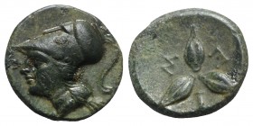 Southern Lucania, Metapontion, c. 300-250 BC. Æ (13mm, 2.44g). Head of Athena l., wearing crested Corinthian helmet. R/ Three barley grains radiating ...