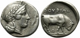 Southern Lucania, Thourioi, c. 443-400 BC. AR Stater (21mm, 7.84g, 12h). Head of Athena r., wearing helmet decorated with wreath. R/ Bull walking r.; ...