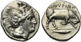 Southern Lucania, Thourioi, c. 400-350 BC. AR Distater (25mm, 15.73g, 12h). Head of Athena r., wearing crested Corinthian helmet decorated on its bowl...