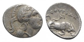 Southern Lucania, Thourioi, c. 350-300 BC. AR Triobol (10mm, 1.03g, 4h). Head of Athena r., wearing crested Attic helmet decorated with wreath. R/ Bul...