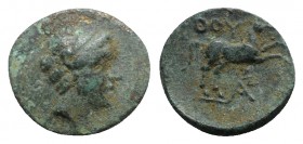 Southern Lucania, Thourioi, c. 280-213 BC. Æ (13.5mm, 2.23g, 11h). Laureate head of Apollo r. R/ Horse prancing r.; monogram below. HNItaly 1928; SNG ...