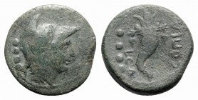 Southern Lucania, Thourioi (as Copia), c. 193-150 BC. Æ Triens (17mm, 3.24 g, 8h). Helmeted head of Minerva r. R/ Cornucopia. HNItaly 1937. Green pati...