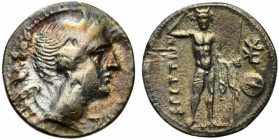 Bruttium, The Brettii, c. 216-214 BC. AR Drachm (18mm, 4.60g, 10h). Diademed bust of Nike r.; bird to l. R/ River god Aisaros standing facing, crownin...
