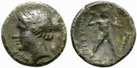 Bruttium, The Brettii, c. 214-211 BC. Æ Half Unit (17mm, 3.90g, 9h). Head of Nike l., wearing stephanos; grain ear behind neck. R/ Zeus standing r., w...
