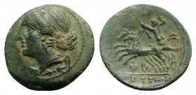 Bruttium, The Brettii, c. 211-208 BC. Æ Unit (19mm, 3.64g, 6h). Winged and diademed bust of Nike l.; thunderbolt below. R/ Zeus, holding thunderbolt a...