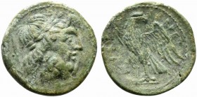 Bruttium, The Brettii, c. 211-208 BC. Æ Unit (22mm, 7.36g, 12h). Laureate head of Zeus r.; harpa behind. R/ Eagle standing l., head r., with wings spr...