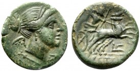 Bruttium, The Brettii, c. 211-208 BC. Æ Half Unit (16mm, 3.18g, 6h). Diademed and winged bust of Nike r. R/ Zeus driving biga r.; plow below. HNItaly ...