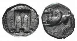 Bruttium, Kroton, c. 430-420 BC. AR Triobol (10mm, 1.14g, 5h). Tripod with legs terminating in lion's feet. R/ Pegasos flying l. HNItaly 2127; SNG ANS...