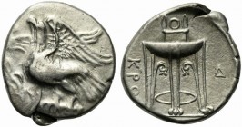 Bruttium, Kroton, c. 350-300 BC. AR Stater (23mm, 7.87g, 3h). Eagle with spread wings standing l., holding branch in its talons. R/ Tripod; Δ to r. HN...