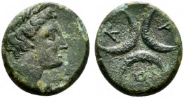 Bruttium, Kroton, c. 300-250 BC. Æ (16mm, 3.34g). Wreathed head of Persephone r. R/ Three crescents. HNItaly 2234; SNG ANS 444-6. Rare, Good Fine - ne...