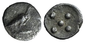 Sicily, Akragas, c. 460-446 BC. AR Pentonkion (6mm, 0.14g). Eagle standing r. on Ionic column. R/ Five pellets. Westermark, Coinage, Group III, 519; S...
