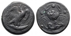 Sicily, Akragas, c. 425/0-410/06 BC. Æ Hemilitron (29mm, 19.82g, 12h). Eagle standing r., head raised, wings spread, on hare; cicada to r. R/ Crab; be...