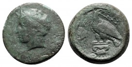 Sicily, Akragas, c. 400-380 BC. Æ Hemilitron (26mm, 15.52g, 3h). Diademed head of river-god l. R/ Eagle standing l. on Ionic column, head r.; crab to ...
