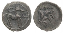 Sicily, Gela, c. 465-450 BC. AR Litra (12mm, 0.55g, 12h). Horse advancing r.; wreath above. R/ Forepart of man-headed bull r. Jenkins, Gela, Group III...