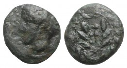 Sicily, Himera, c. 420-407 BC. Æ Hemilitron (15mm, 3.37g, 6h). Head of nymph l.; six pellets before. R/ Six pellets within wreath. CNS I, 35; SNG ANS ...