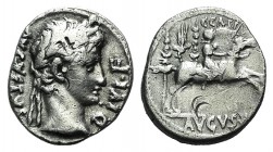 Augustus (27 BC-AD 14). AR Denarius (18mm, 3.70g, 6h). Lugdunum, 8 BC. Laureate head r. R/ Caius caesar on horseback riding r., holding sword and rein...