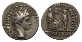 Augustus (27 BC-AD 14). AR Denarius (20mm, 3.76g, 11h). Lugdunum, 2 BC-AD 4. Laureate head r. R/ Caius and Lucius Caesars standing facing, holding shi...