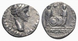 Augustus (27 BC-AD 14). AR Denarius (18mm, 3.25g, 3h). Lugdunum, 2 BC-AD 4. Laureate head r. R/ Caius and Lucius Caesars standing facing, holding shie...