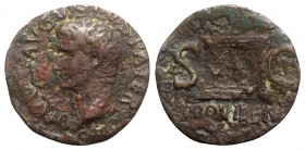 Divus Augustus (died AD 14). Æ As (27mm, 9.39g, 6h). Rome, c. 22/23-30. Radiate head l. R/ Altar-enclosure with double panelled door. RIC I 81 (Tiberi...
