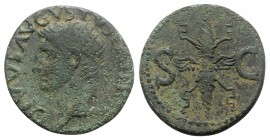 Divus Augustus (died AD 14). Æ As (27mm, 10.09g, 6h). Rome, c. AD 34-37. Radiate head l. R/ Winged thunderbolt. RIC I 83 (Tiberius). Green patina, Goo...