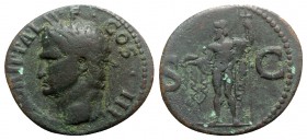 Agrippa (died 12 BC). Æ As (29mm, 10.78g, 6h). Rome, AD 37-41. Head l., wearing rostral crown. R/ Neptune standing l., holding small dolphin and tride...