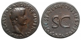 Tiberius (Caesar, 4-14). Æ As (28mm, 11.18g, 7h). Rome, 10-1. Bare head r. R/ Legend around large S • C. RIC I 469 (Augustus). Dark brown patina, VF...