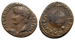 Tiberius (14-37). Æ As (27mm, 10.44g, 12h). Rome, 35-6. Laureate head l. R/ Rudder placed vertically across banded globe; small globe at base of rudde...