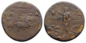 Germanicus (died AD 19). Æ Dupondius (30mm, 14.97g, 6h). Rome, 37-41. Germanicus driving triumphal quadriga r., holding eagle-tipped sceptre and reins...