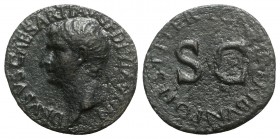 Drusus (Caesar, 19-23). Æ As (28mm, 10.34g, 6h). Rome, 22-3. Bare head l. R/ Legend around large SC. RIC I 45 (Tiberius). Dark patina, Good Fine