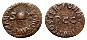 Gaius (Caligula, 37-41). Æ Quadrans (16mm, 2.92g, 6h). Rome, 40-1. Pileus between S-C. R/ Large RCC. RIC I 52. Brown patina, near VF
