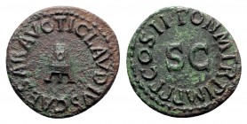 Claudius (41-54). Æ Quadrans (18mm, 2.33g, 6h). Rome, AD 41. Three-legged modius. R/ Legend around large S • C. RIC I 90. About EF