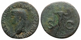 Claudius (41-54). Æ As (29mm, 10.68g, 6h). Rome. Bare head l. R/ Minerva, wearing aegis, advancing r., brandishing spear with r. hand and holding roun...