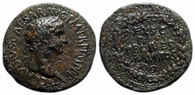 Claudius (41-54). Æ Sestertius (37mm, 23.02g, 6h). Rome. Laureate head r. R/ EX S C/ P P/ OB/ CIVES/ SERVATOS in four lines within oak wreath. RIC I 1...