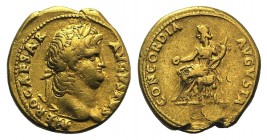 Nero (54-68). AV Aureus (18mm, 7.29g, 6h). Rome, c. 64-5. Laureate head r. R/ Concordia seated l., holding patera and cornucopia. RIC I 48. Small meta...