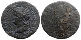 Nero (54-68). Æ Sestertius (36mm, 24.38g, 6h). Rome, c. AD 65. Laureate head l. R/ Roma seated left on cuirass, holding Victory and parazonium, foot o...