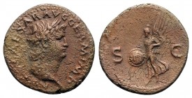 Nero (54-68). Æ As (27.5mm, 10.55g, 6h). Rome, c. AD 65. Laureate head r. R/ Victory flying l., holding shield inscribed S P Q R. RIC I 312. Good Fine...