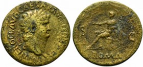 Nero (54-68). Æ Sestertius (35mm, 27.25g, 7h). Rome, AD 66. Laureate head r. R/ Roma seated l. on cuirass, holding Victory and parazonium; shields beh...