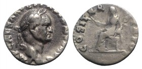 Vespasian (69-79). AR Denarius (17mm, 3.33g, 6h). Rome, AD 70. Laureate head r. R/ Pax seated l., holding branch and caduceus. RIC II 29; RSC 94h. Dar...