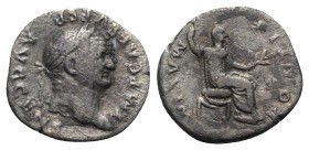 Vespasian (69-79). AR Denarius (19mm, 3.16g, 12h). Rome, AD 73. Laureate head r. R/ Vespasian seated r., holding branch and sceptre. RIC II 545; RSC 3...