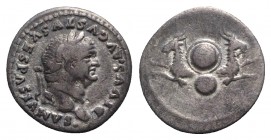 Divus Vespasian (died AD 79). AR Denarius (19mm, 2.57g, 6h). Rome, 80-1. Laureate head r. R/ Foreparts of two capricorns springing in opposing directi...