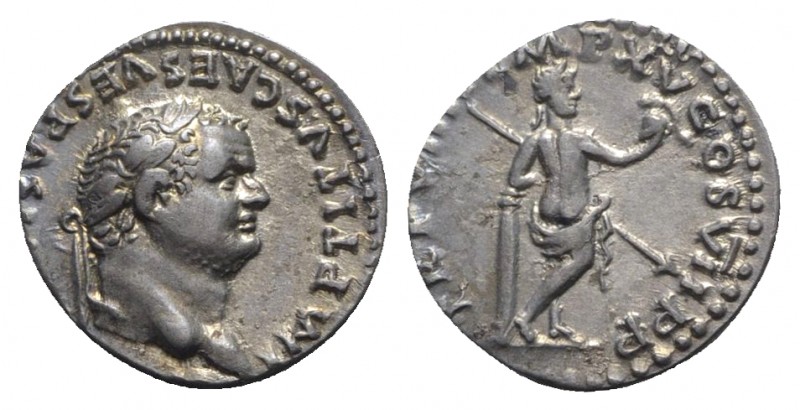 Titus (79-81). AR Denarius (17.5mm, 3.26g, 6h). Rome, AD 79. Laureate head r. R/...