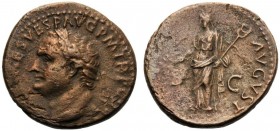 Titus (79-81). Æ As (26mm, 10.45g, 6h). Rome, 80-1. laureate head l. R/ Pax standing l., holding branch and caduceus. RIC II 230. Bolt portrait, Good ...